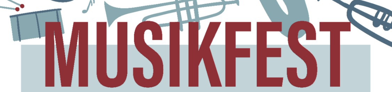Schriftzug Musikfest mit symbolischen Instrumenten im Hintergrund
